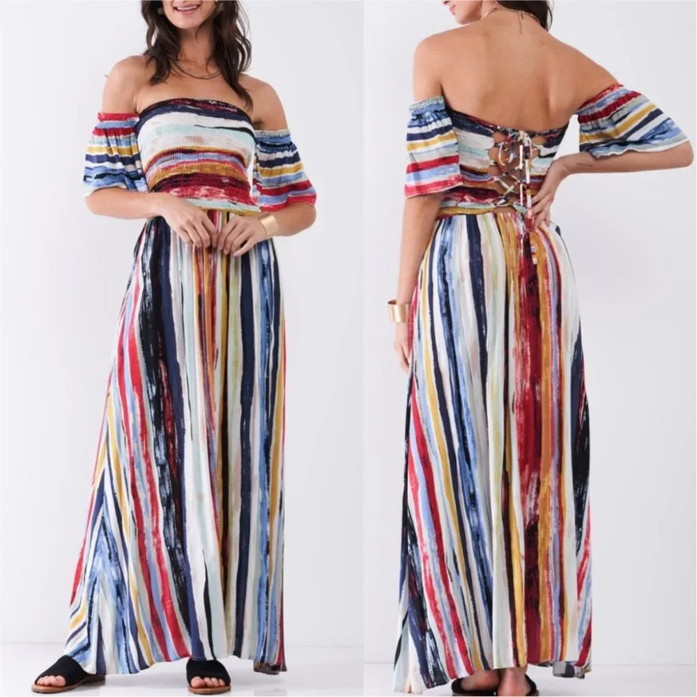 Stripe Print Off-The-Shoulder Puff Sleeve Smock La - Picture 1 of 4